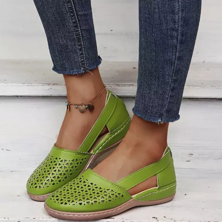 Sandales compensées orthopédiques évidées en PU de style vintage pour femme