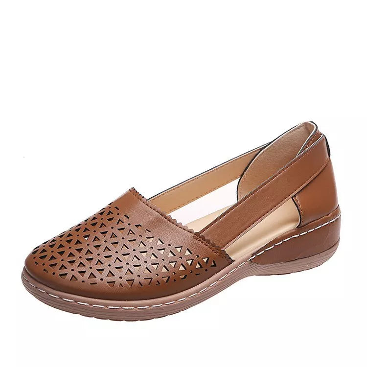 Sandales compensées orthopédiques évidées en PU de style vintage pour femme